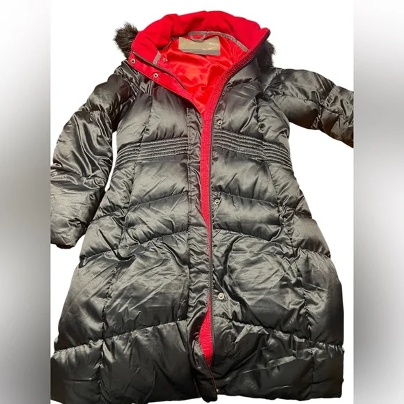 Nike Y2K Duck Down Black & Red Faux Fur Hooded Puffer Long Coat ~ Size M - Picture 7 of 9